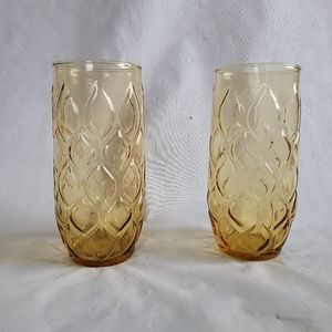 Set of 2 Amber Pressed Drinking Glasses 7" Leaf Textured Large Vintage
